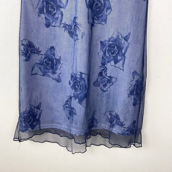 Ultra Flirt Y2K Vintage Empire Waist Mesh Floral Dress Lettuce Hem Navy Medium - Picture 7 of 8